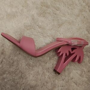 Pink Square Toe Sculptural Palm Tree Heeled Sandals